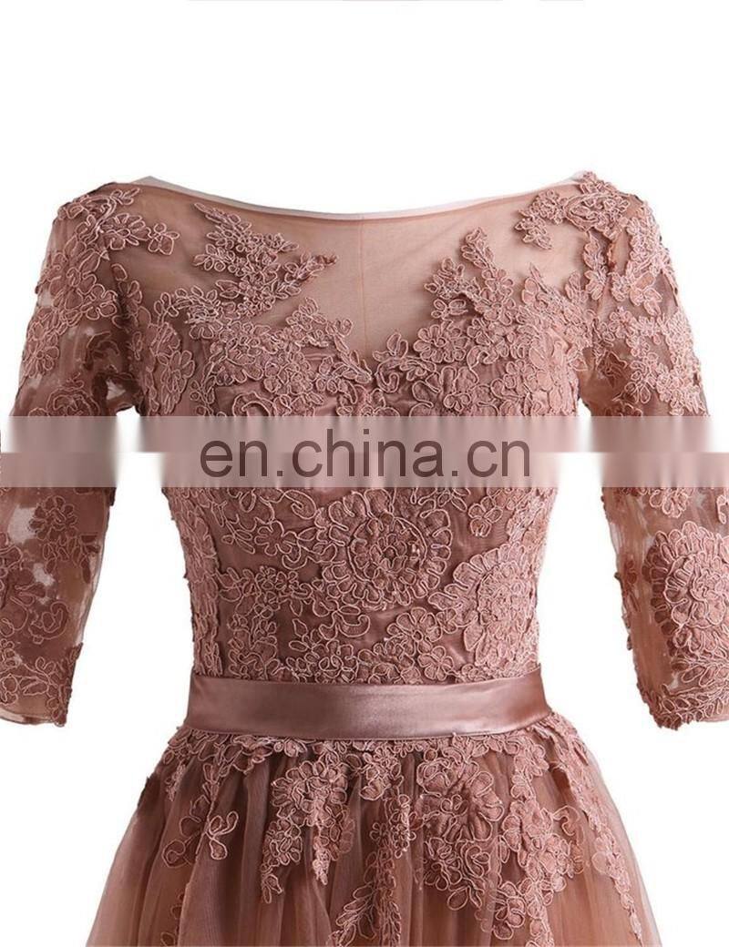 Half Sleeves Scoop Tulle Long Evening Dresses 2016 Appliqued Sweep Train Prom Dress Vestido De Festa Longo Formal Dress