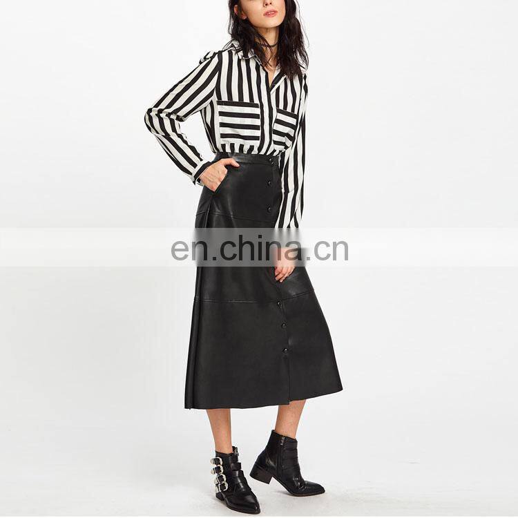 Fashion Ladies High Waist A-Line Button Up Long PU Leather Midi Skirt