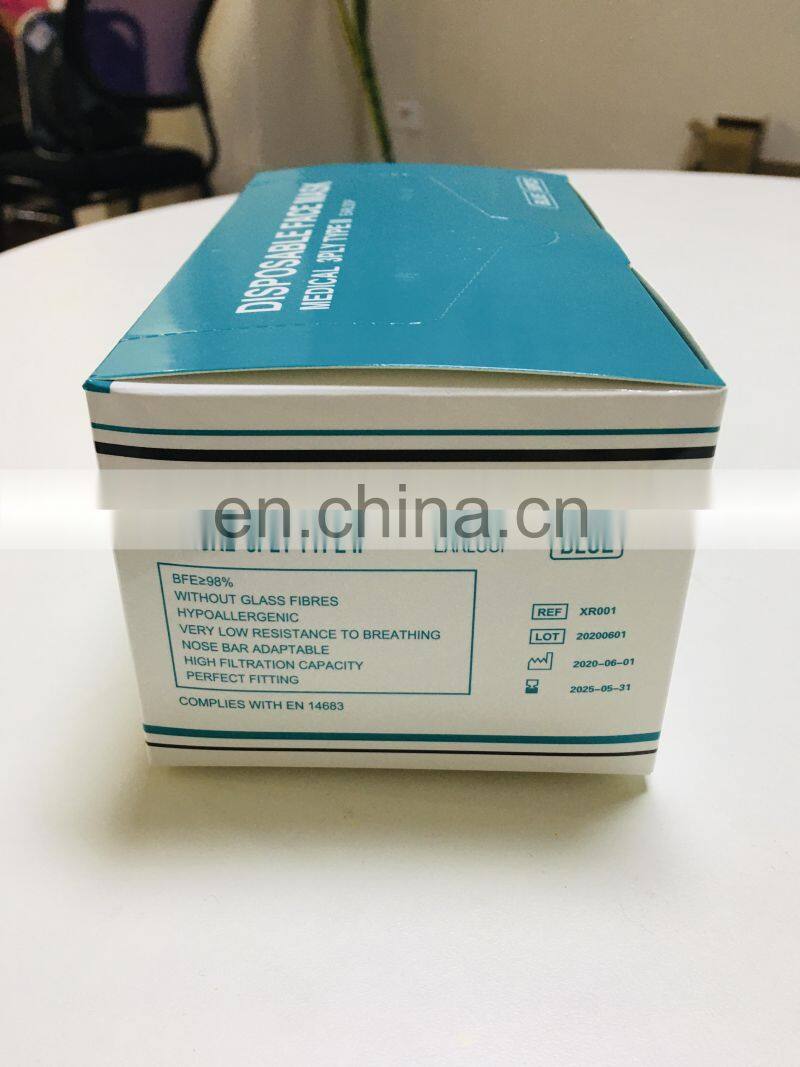 Golden supplier Disposable Medical Mask Earloop Blue Waterproof Face Mask 17.5cm x 9.5cm