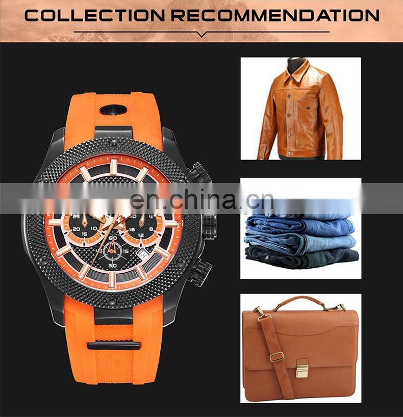 High quality rose gold case blue dial and silicone band dress steel chronograph sports watch men custom logo