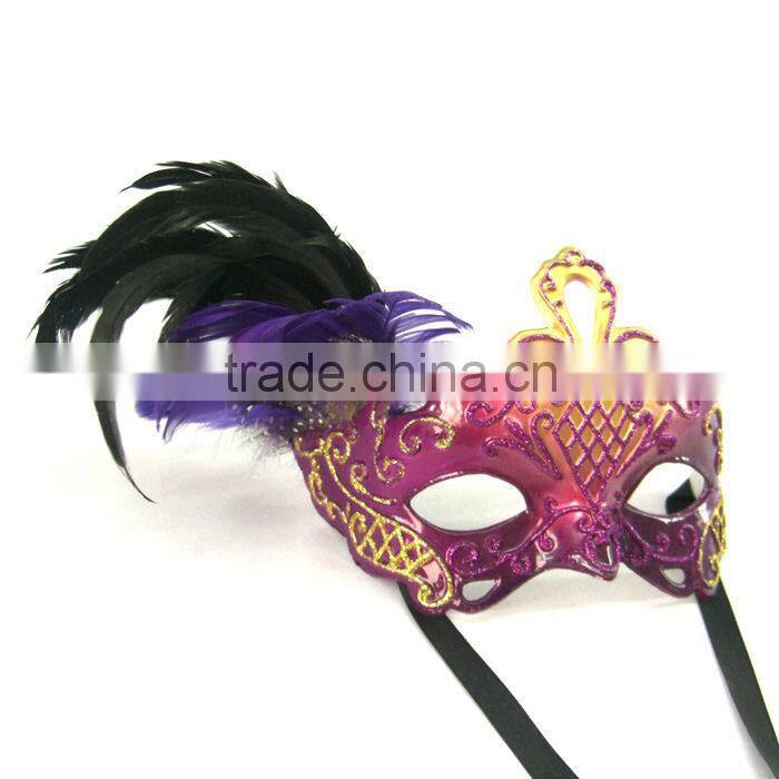 Plastic Pink Mask For Christmas With Black Feather