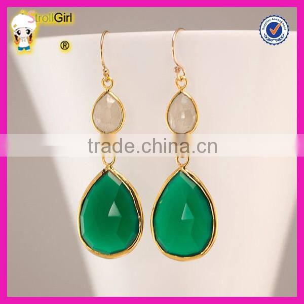 Beautiful natural moonstone and green onyx gold fish hook gemstone pendant earring for women
