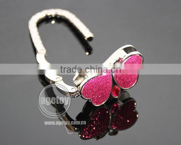 Rose Red Color Shimmering Powder Butterfly Shaped Zinc Alloy Metal Foldable Portable Promotional Bag Hook