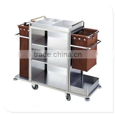 stainless steel like wood brown color hotel guest room service cart high quality cleaning trolley sign bag