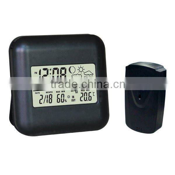 Mini cheap desktop wireless indoor outdoor weather station with LCD alarm clock meets CE and RoHS