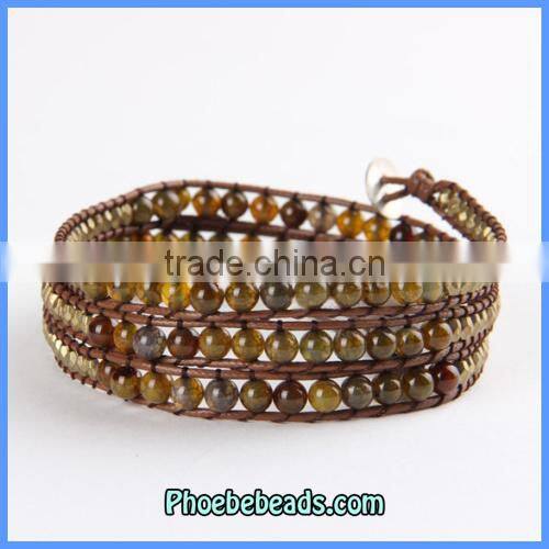 Hot Sale High Quality 6mm Agate Three Leather Wrap Bracelets Wholesale PCLB-C052