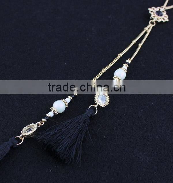 2015 Newest Long Black Tassel Pendant Pearl Inlaid Gems Necklace
