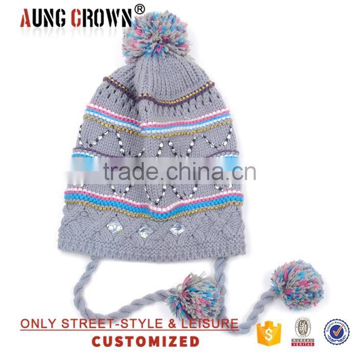 custom made acrylic knitted pom-pom beanie hat