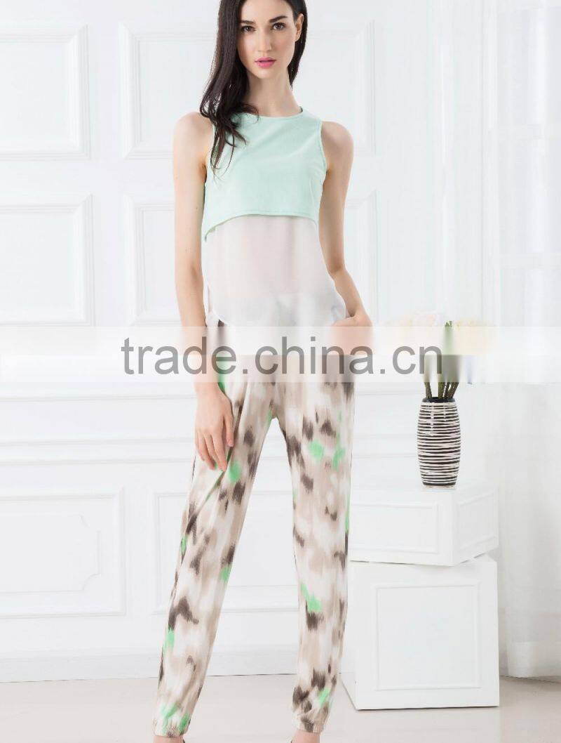 NEW ARRIVAL summer tank top 2016 green and white see through shirt for woman chiffon fabric cheap price