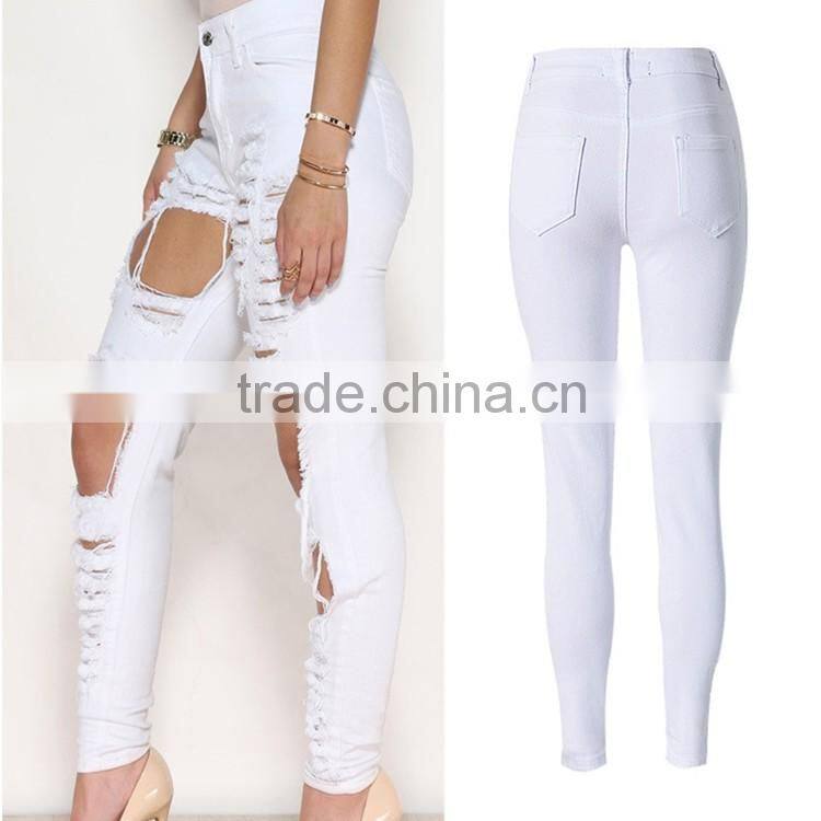2016 Summer Pockets Zipper Closure Vogue High Waist Denim Pants Ladies White Full Length Destroyed Damaged Fashion Jeans Women