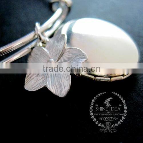 silver flower round photo locket ice pink glass beads orchid flower charms fashion women chic wiring bangle bracelet 6440014