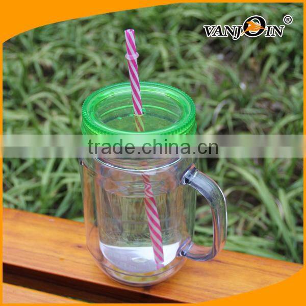 Custom plastic mason jars bottles with straw and handle