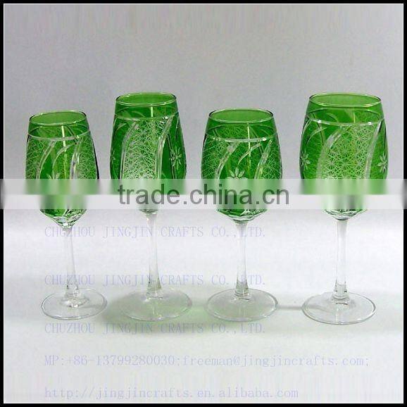 2017 China traditional made overlay etched pink wine glass