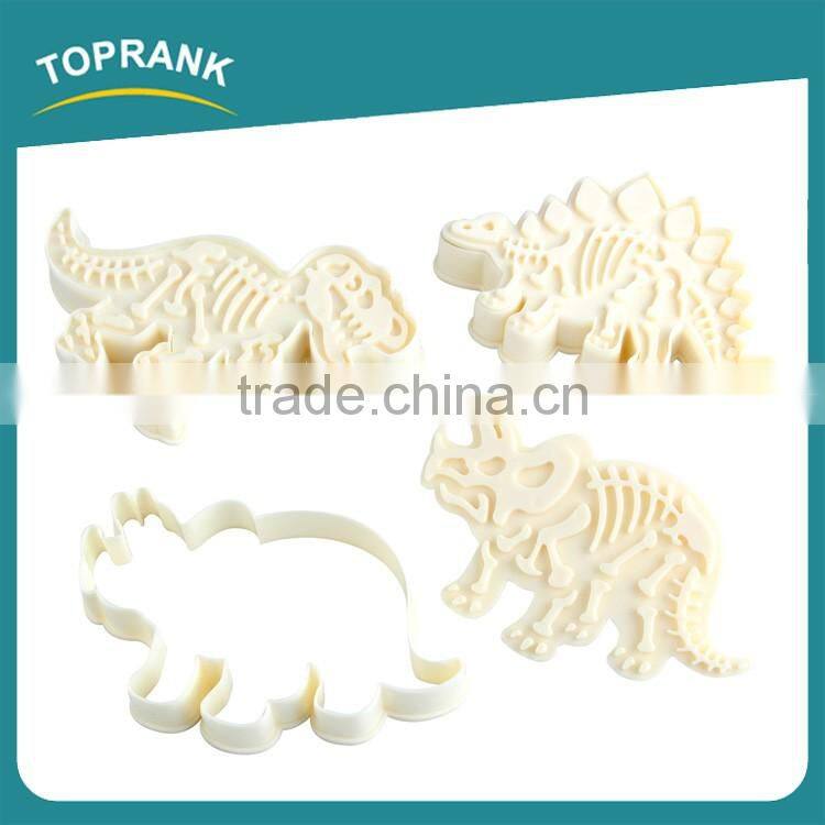 Toprank New Design Custom 4Pcs Dinosaur Cookie Mold 3D Cookie Cutter Set Plastic Cookie Cutter