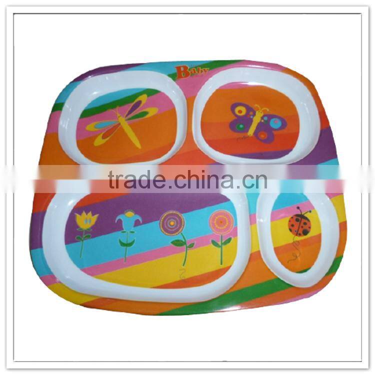 Attractive butterfly& bees & flower printed 4 compartments child safety kids lunch plate