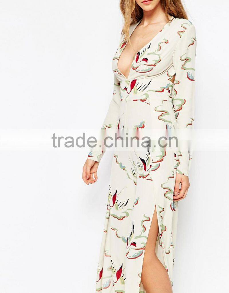 2015 China factory OEM ODM fashionable customized Painterly Bird Print Jumpsuit with Thigh splits