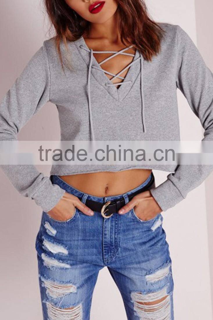 Wholesale cheap comfortable bulk plain slim fitness drawsting V neck crop top hoodies for women