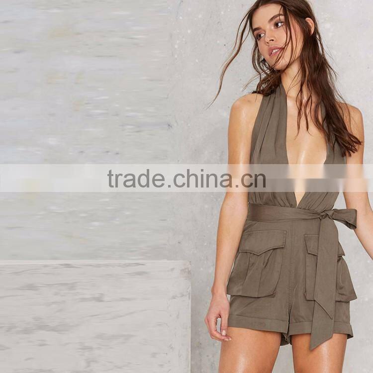 HAODUOYI Gray Plunge Neck Halter Tie Back Two Pockets Romper