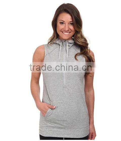 women vest waistcoats with hooded sleeveless half-zip hoodie white and gray color