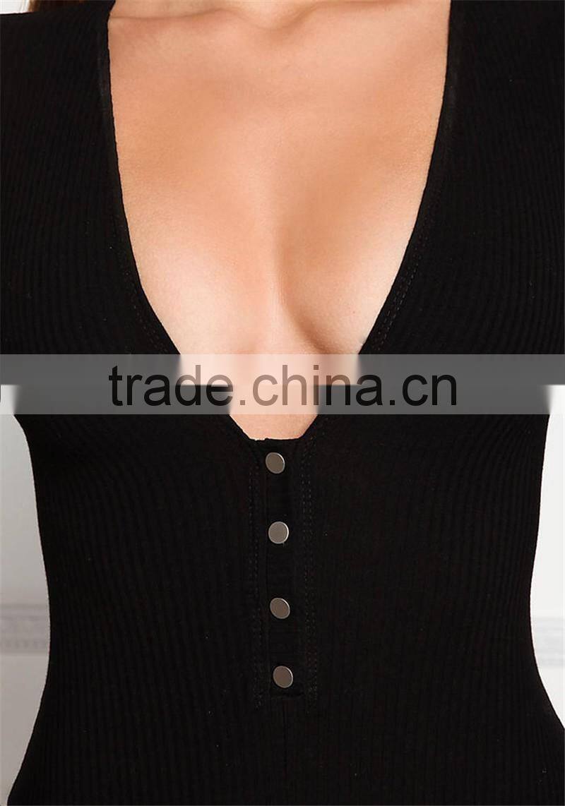 MGOO Foshan Manufacturer Custom Plunge Ribbed Bodysuits Black Cotton Spandex Blouse High Cut Buttons Up Tops