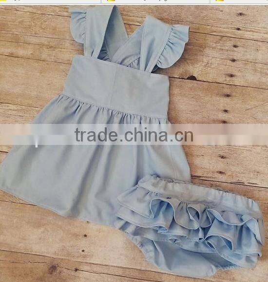 Hot Sale Baby Clothes Navy Nlue Polka Dots Outfit Lace Trim Kids Girls With Ruffle Bloomer Set