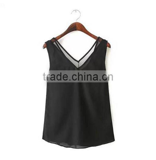 European and American style solid color V-neck blouses stitching gauze halter T-shirt Tank top women