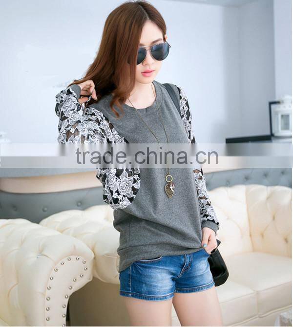 Korean style slim round neck long batwing sleeve women lace stitching plus size blank t-shirt
