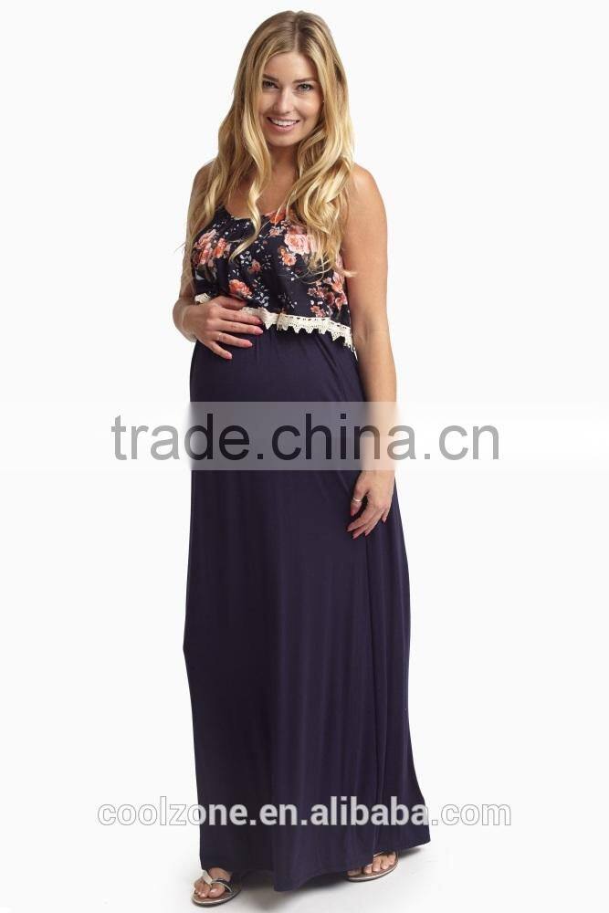 New Style Navy Blue Floral Overlay Maternity Clothes Maxi Dress Wholesale