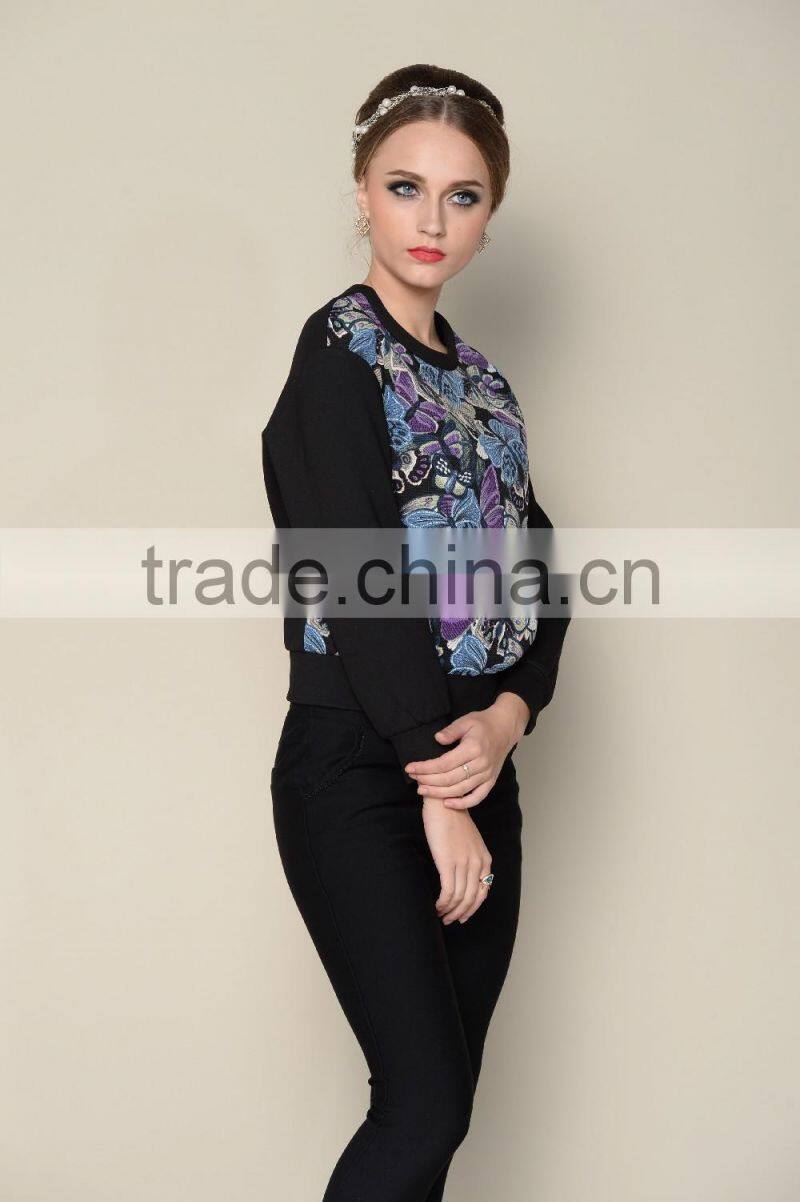 latest black long sleeve floral printing women designer blouse patterns