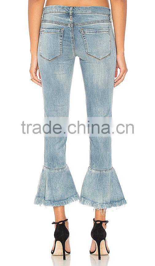 2017 Hot sale young girls jeans pants ruffle ninth denim jeans ladies jeans design