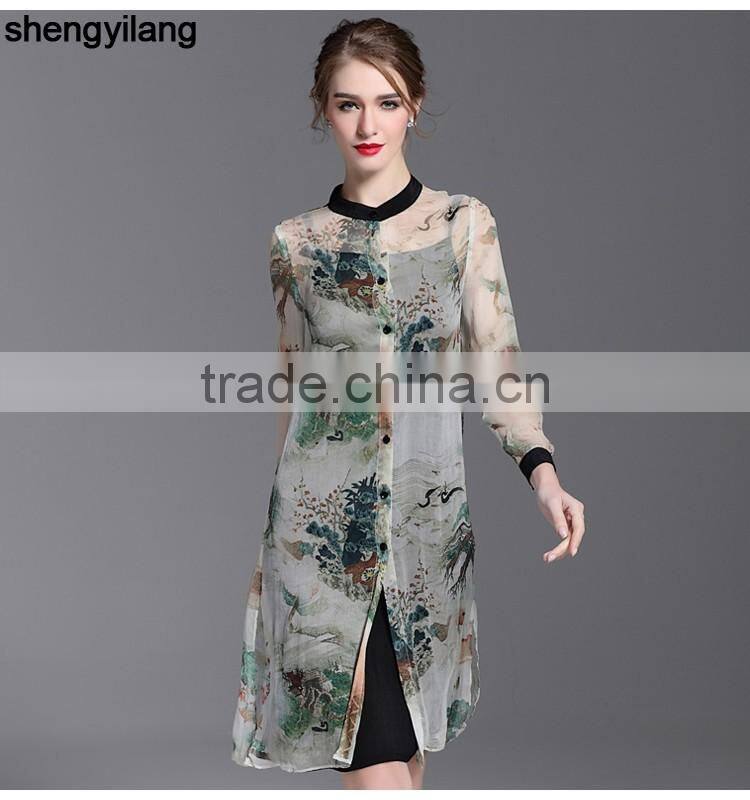 2016 spring summer pure true button-up silk long sleeve shirt dress