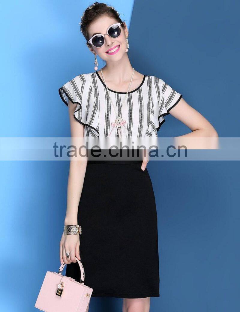 2016 girls summer imitate hemp vertical strip hip package wide sleeve dress