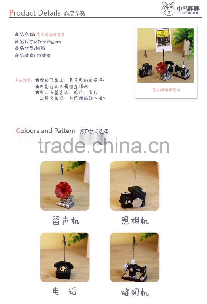Novel cute sewing machine phonograph camera phone shape name card paper photo clips holder stand resin craft for logo custom