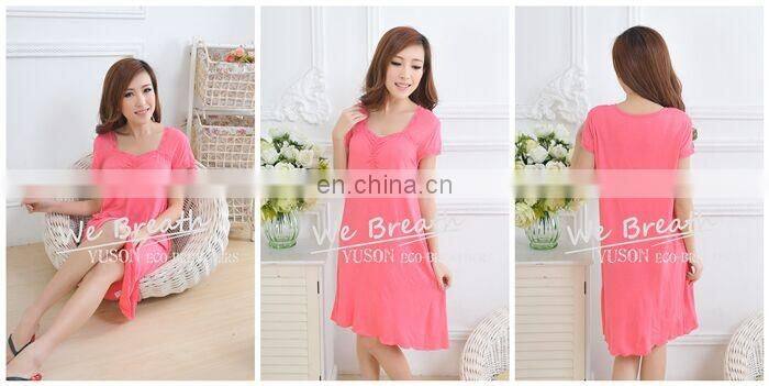 Lace trim square neck short sleeves bamboo sleep gown solid colors