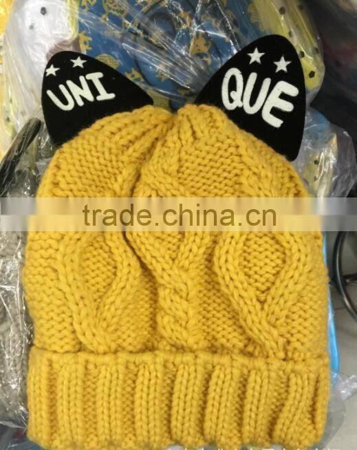 Unique Printed Cat Ear Decorated Polar Fleece Inside Twisted Knitting Women Girls Hat