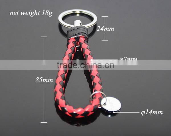 Hot Sale Manual Hand Braided Rope Silver Zinc Alloy Metal Round Tag Braided Leather Cord Black Red Leather Straps Braid Keychain