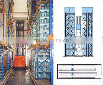 Very narrow aisle pallet shelf with forklift storage way
