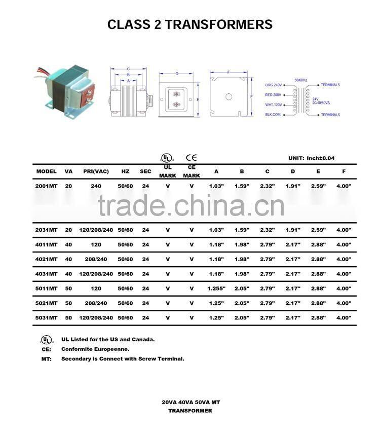 UL CUL CSA CE 120V ac class 2 transformer for garage door opener, UL control transformer