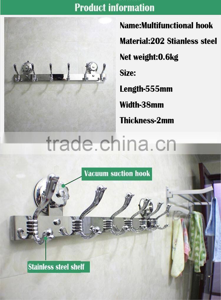 2016 No drilling No screw Easy Installation stainless steel wall mounted Hook Rack with strong vacuum suction hook