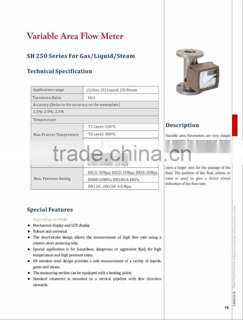 variable area flow meter high pressure flange China