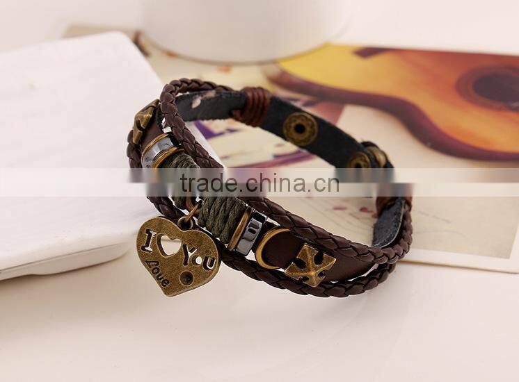 rope cheap pu leather bracelet, braided leather bracelet