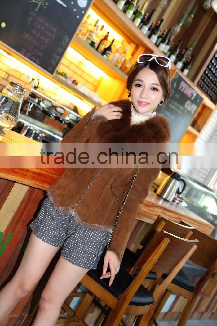 Fashion Design Double Face Shearing Lamb Fur Garment With Fox Fur Collar Detachable