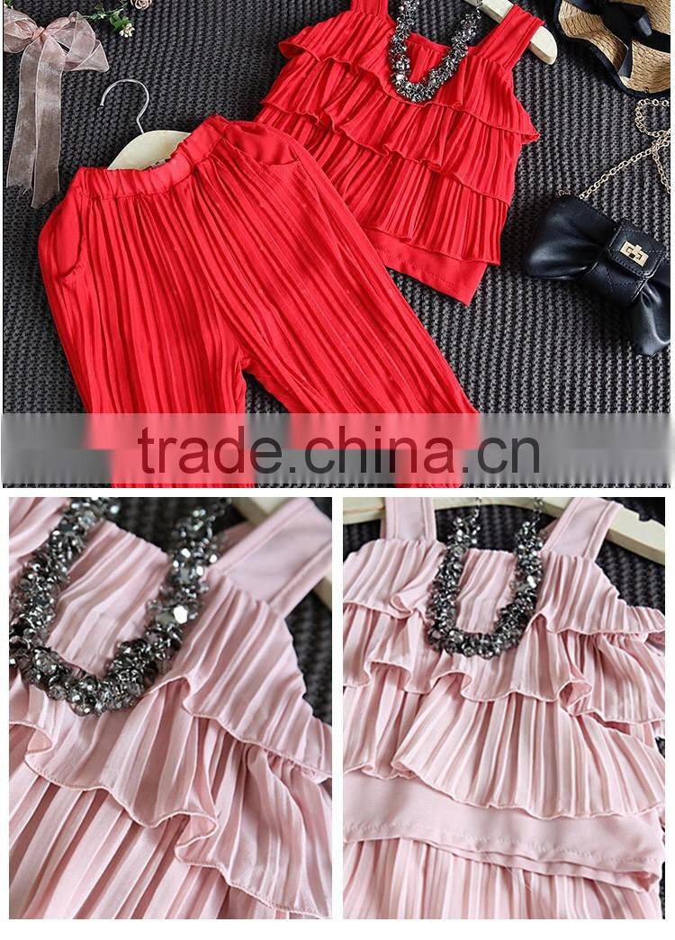 Lovely Pure Color 2-7 Years Girls Breathable Pleated Children Short Pants Suit with Vest