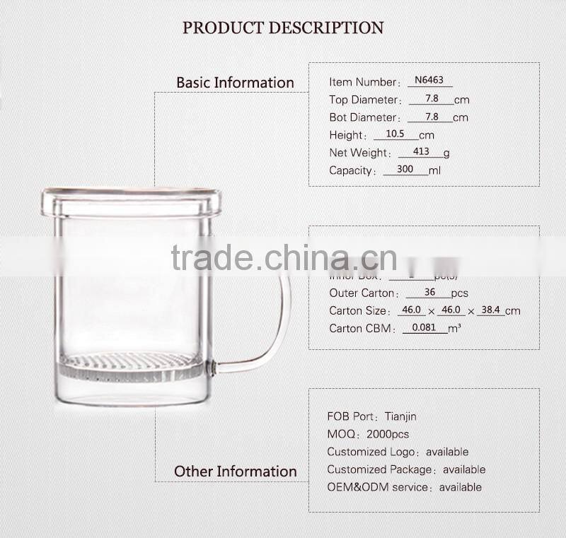Wholesale handmade unbreakable high borosilicate 300ml drinking glass cup with handle N6463