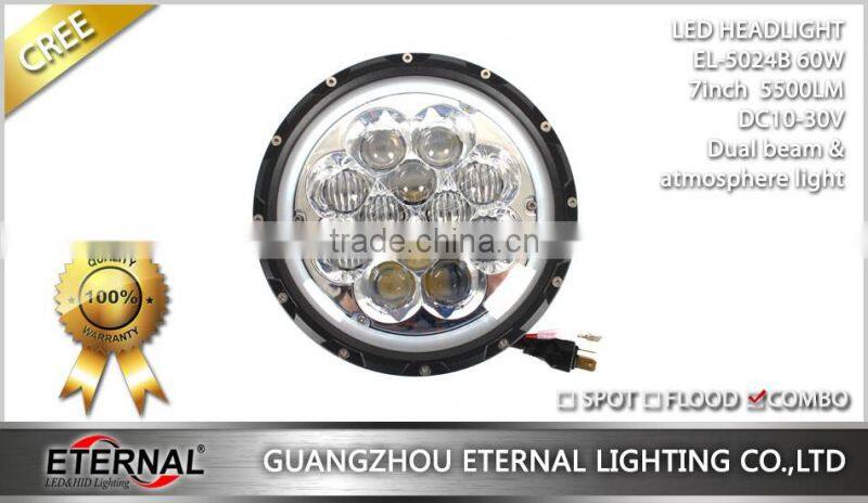 60W round 7inch LED headlight replacement for offroad Jeep Wrangler TJ JK CJ YJ 4x4 vehicles Ford Harley motorcycle