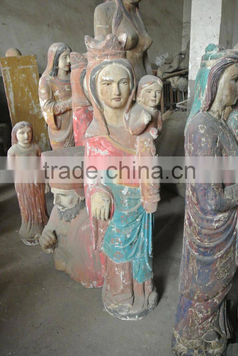 Antique wooden carving virgin Mary with child sculpture