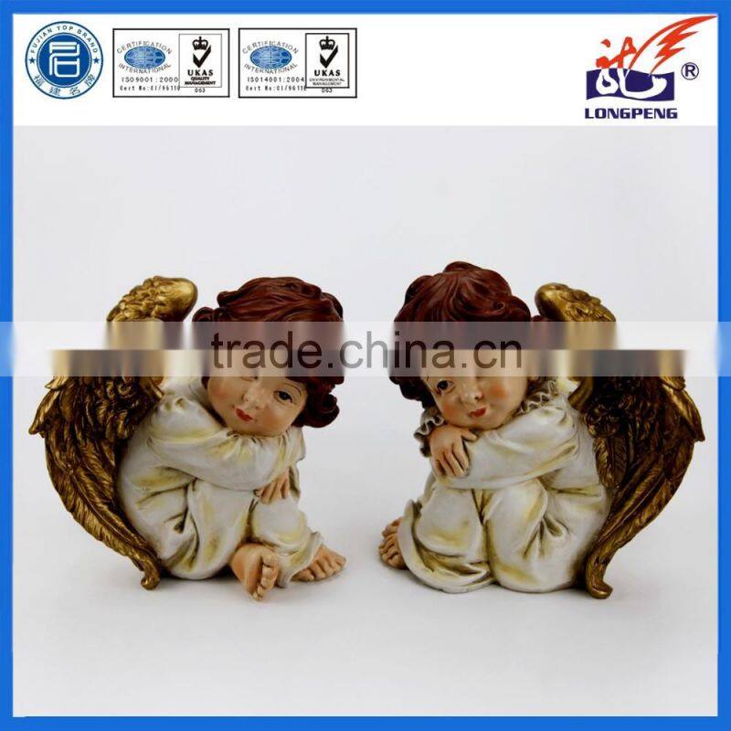 European Style Sitting Poly Winged Cherub Statue Open Eyes Indoor Outdoor Garden Decor Resin