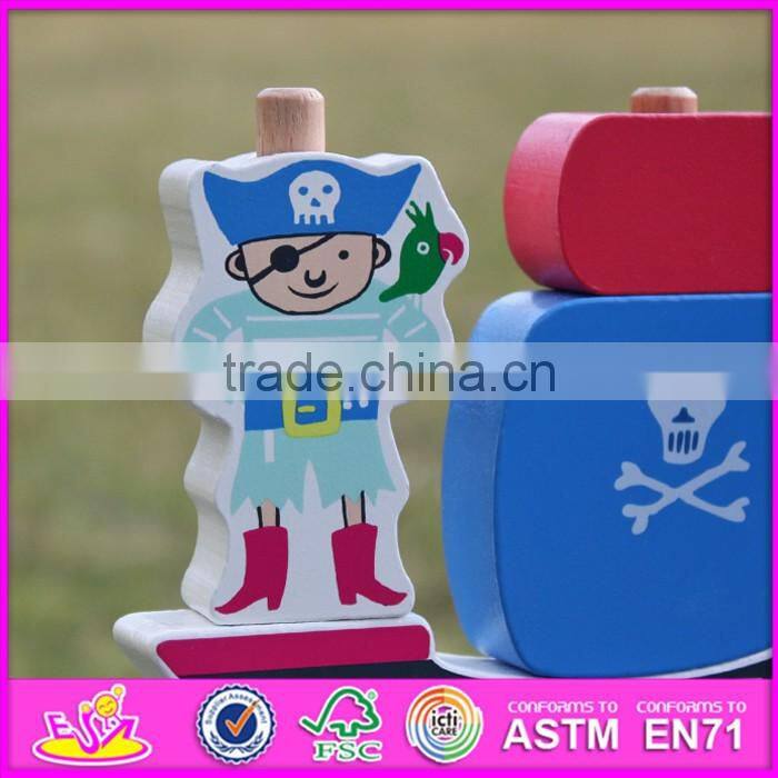 2017 new design pirate boat shape wooden stacking toys for 1 year old W13D134