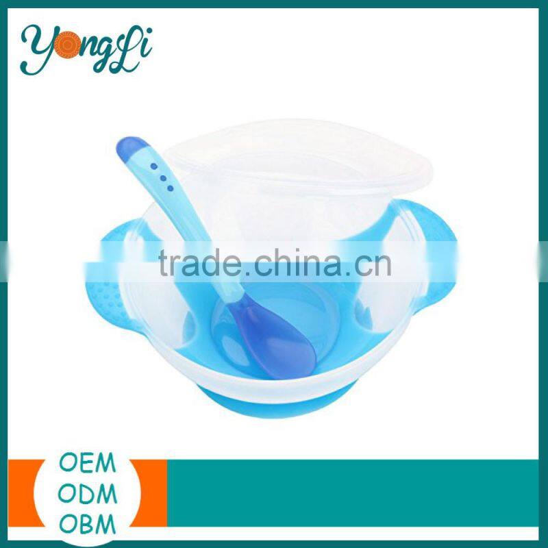 Baby Silicone+PP Feeding Suction Bowl with Cover/Lid and Spoon Fork Anti Slide