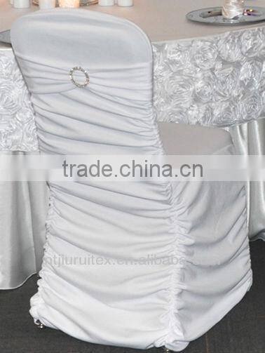 White Ruffled Spandex Chair Cover With Crossed Band Back